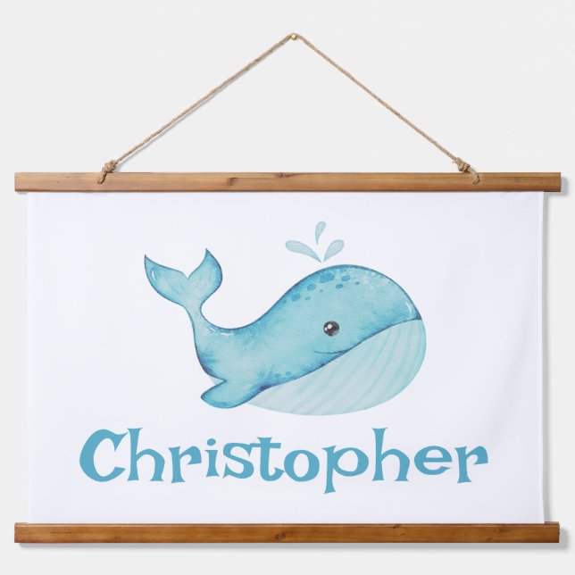 Cute Nautical Blue Whale Personalized Hanging Tapestry (Front)