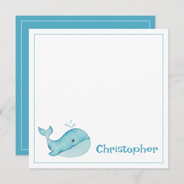 Cute Nautical Blue Whale Personalized Note Card (Front/Back)