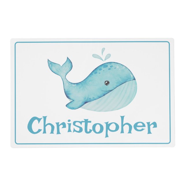 Cute Nautical Blue Whale Personalized Placemat (Front)
