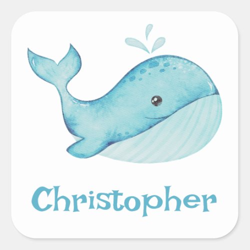 Cute Nautical Blue Whale Personalized Square Sticker