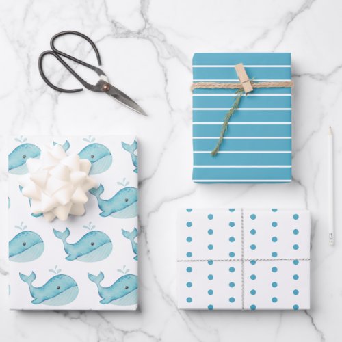 Cute Nautical Blue Whale Stripes and Polka Dots Wrapping Paper Sheets