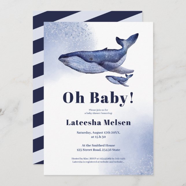 Cute nautical blue whale watercolor baby shower  invitation (Front/Back)