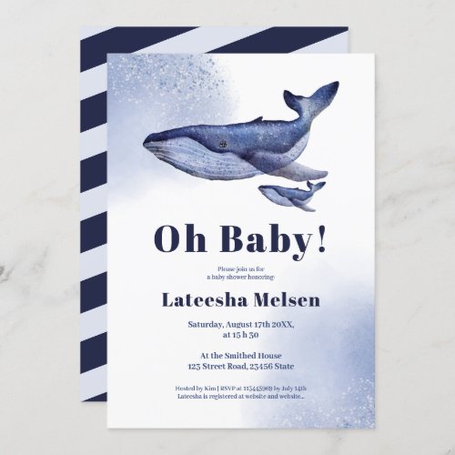 Cute nautical blue whale watercolor baby shower  invitation