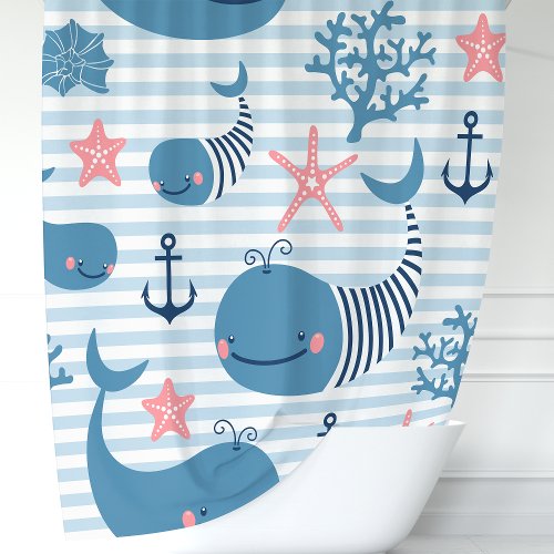 Cute Nautical Blue Whales &Amp;Amp; Coral Reef Shower Curtain