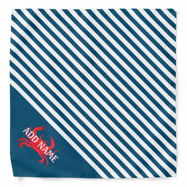 Cute Nautical Blue White Striped Red Crab Dog Bandana (Front)