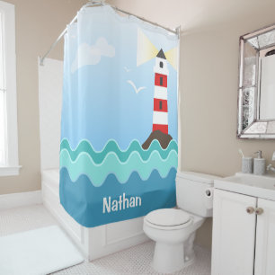Cute Nautical Cartoon Lighthouse Ocean With Name Shower Curtain