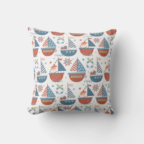 Cute Nautical Christmas Santa Sailboat Pattern Red Throw Pillow