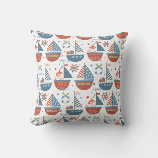 Cute Nautical Christmas Santa Sailboat Pattern Red Throw Pillow (Front)