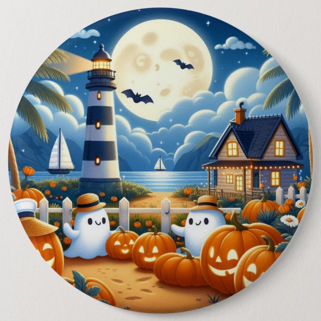Cute, Nautical/coastal Halloween ghost/pumpkins Button (Front)
