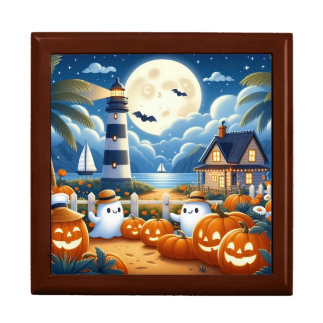 Cute, Nautical/coastal Halloween ghost/pumpkins Gift Box (Front)