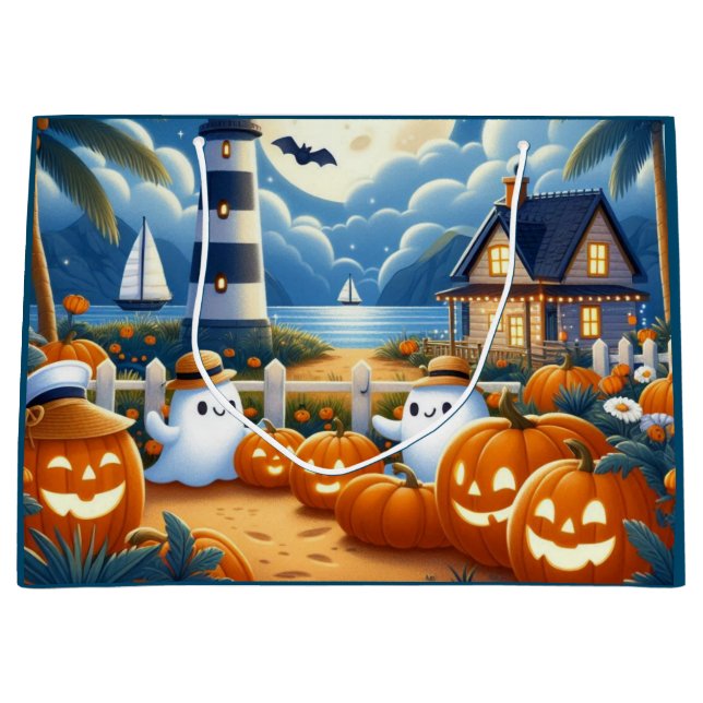 Cute, Nautical/coastal Halloween ghost/pumpkins Large Gift Bag (Front)