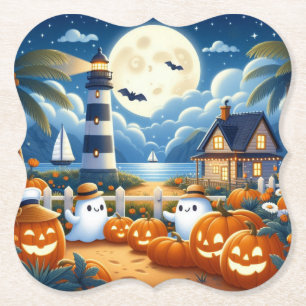 Cute, Nautical/coastal Halloween ghost/pumpkins Paper Coaster