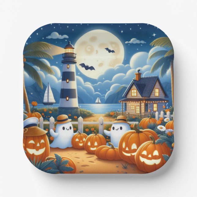 Cute, Nautical/coastal Halloween ghost/pumpkins Paper Plates (Front)