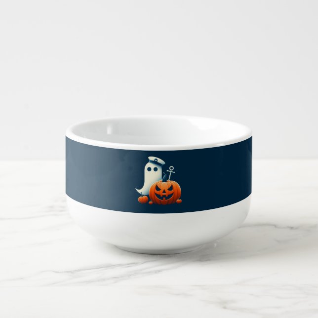 Cute, Nautical/coastal Halloween ghost/pumpkins Soup Mug (Front)