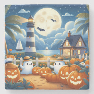 Cute, Nautical/coastal Halloween ghost/pumpkins Stone Coaster