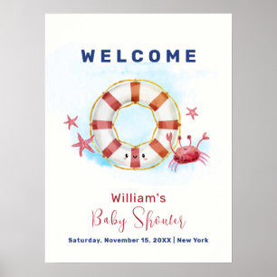 Cute Nautical Crab Starfish Baby Shower Welcome  Poster
