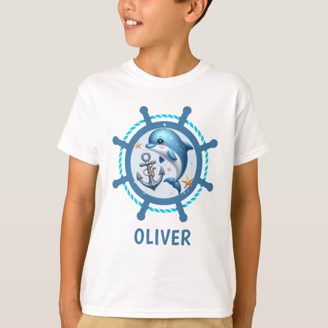 Cute Nautical Dolphin & Anchor in Ship Wheel T-Shirt (Front)