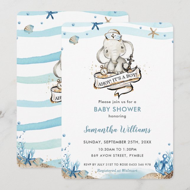 Cute Nautical Elephant Ahoy It's a Boy Baby Shower Invitation (Front/Back)