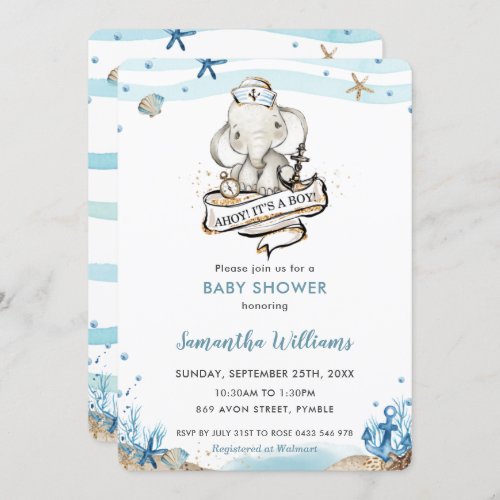 Cute Nautical Elephant Ahoy Its a Boy Baby Shower Invitation