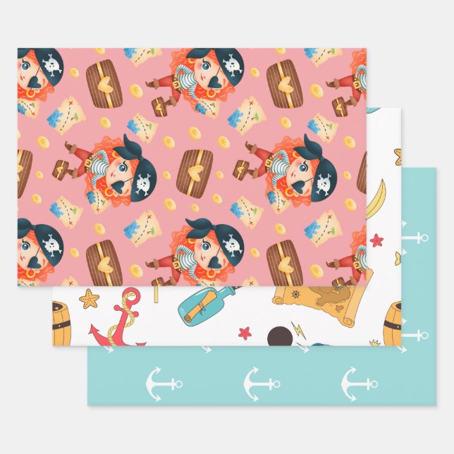 Cute Nautical Girl Pirate Wrapping Paper Sheets (Set)