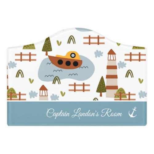 Cute Nautical Lighthouse and Boat Kid Pattern Door Sign