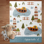 Cute Nautical Lighthouse and Boat Kid Pattern Jigsaw Puzzle<br><div class="desc">Add a nautical touch to the game collection of your little boy with this adorable custom boat pattern jigsaw puzzle. Puzzle has lighthouses, boats, and a place for the text Captain and first name of your kid. Personalized text is on top of a blue background with a white ship anchor....</div>