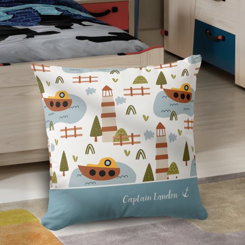 Cute Nautical Lighthouse and Boat Kid Pattern Throw Pillow
