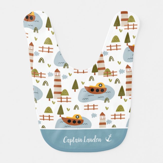 Cute Nautical Lighthouse and Boat Pattern Captain Baby Bib (Front)