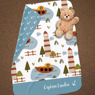Cute Nautical Lighthouse and Boat Pattern Captain Baby Blanket