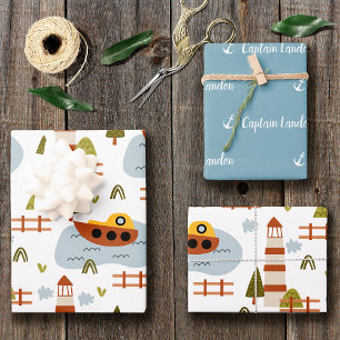 Cute Nautical Lighthouse Boat Kid Pattern Party Wrapping Paper Sheets