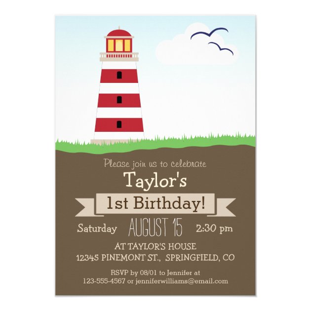 Cute Nautical Lighthouse Kid's Birthday Party Invitation