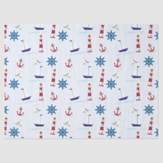 Cute Nautical Lighthouse Ship and Sea Gull Blue Tissue Paper