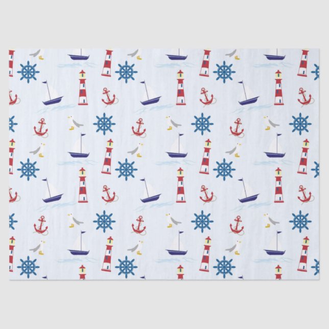Cute Nautical Lighthouse Ship and Sea Gull Blue Tissue Paper (Front)