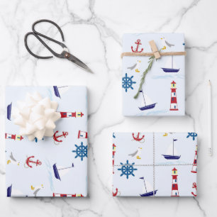 Cute Nautical Lighthouse Ship and Sea Gull Blue Wr Wrapping Paper Sheets
