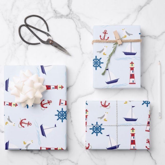Cute Nautical Lighthouse Ship and Sea Gull Blue Wr Wrapping Paper Sheets (Front)