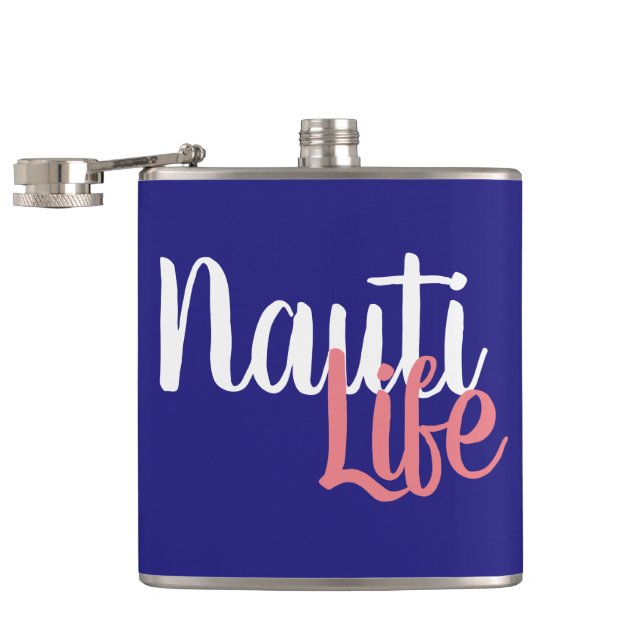 cute, nautical NAUTI LIFE script on navy blue | Flask (Opened)