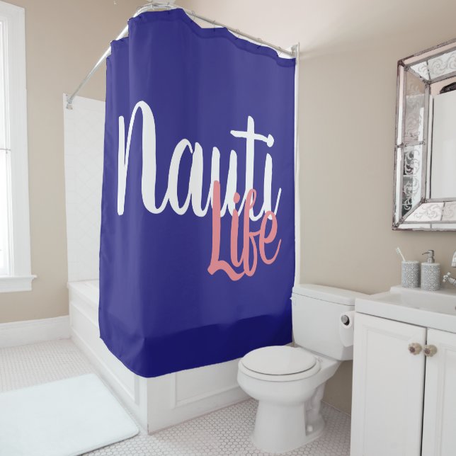 cute, nautical NAUTI LIFE script Shower Curtain (In Situ)