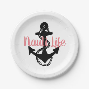 cute, nautical NAUTI LIFE script with anchor Paper Plates