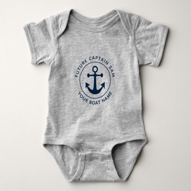 Cute Nautical Navy Anchor Rope Custom Boat Name Baby Bodysuit (Front)