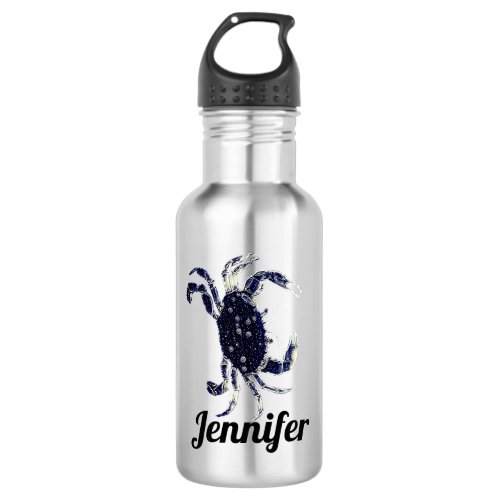 Cute Nautical Navy Blue Beach Crab Personalized Stainless Steel Water Bottle