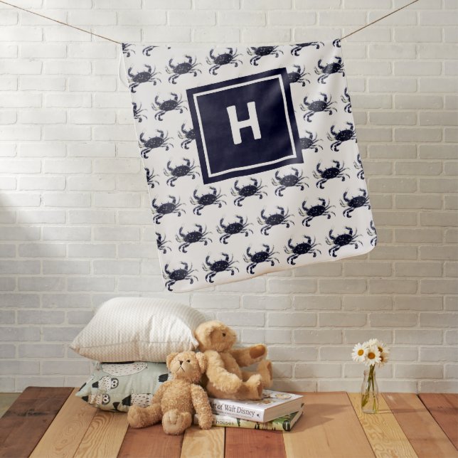 Cute Nautical Navy Blue Crab Boys Personalized Baby Blanket (In Situ)