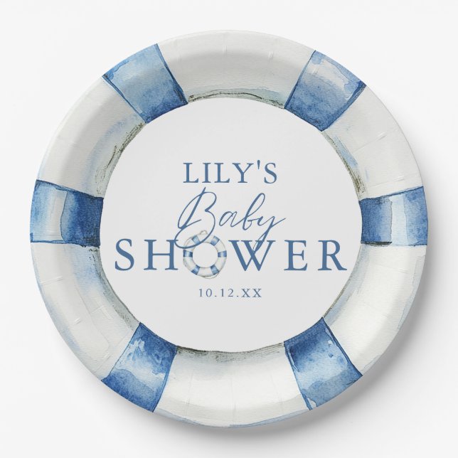 Cute Nautical Ocean Lifebuoy Baby Shower Paper Plates (Front)