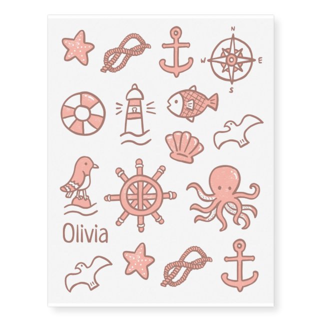 Cute Nautical Ocean Themed Doodles Kids Tattoo (Front)
