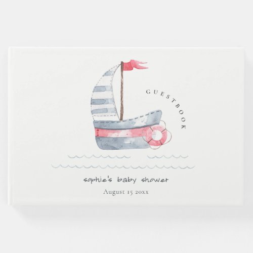 Cute Nautical Pastel Red Blue Sailboat Baby Shower Guest Book