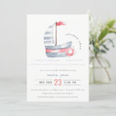 Cute Nautical Pastel Red Blue Sailboat Baby Shower Invitation (Standing Front)