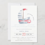 Cute Nautical Pastel Red Blue Sailboat Baby Shower Invitation (Front)
