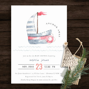 Cute Nautical Pastel Red Blue Sailboat Baby Shower Invitation