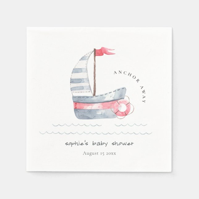 Cute Nautical Pastel Red Blue Sailboat Baby Shower Napkins (Front)