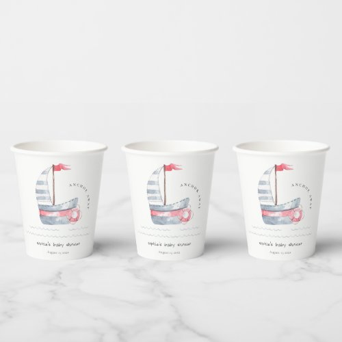Cute Nautical Pastel Red Blue Sailboat Baby Shower Paper Cups