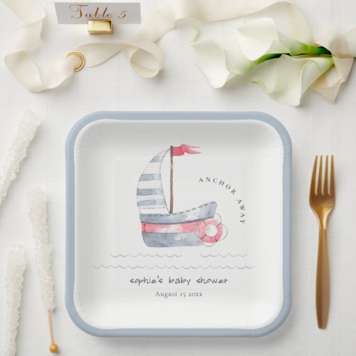 Cute Nautical Pastel Red Blue Sailboat Baby Shower Paper Plates